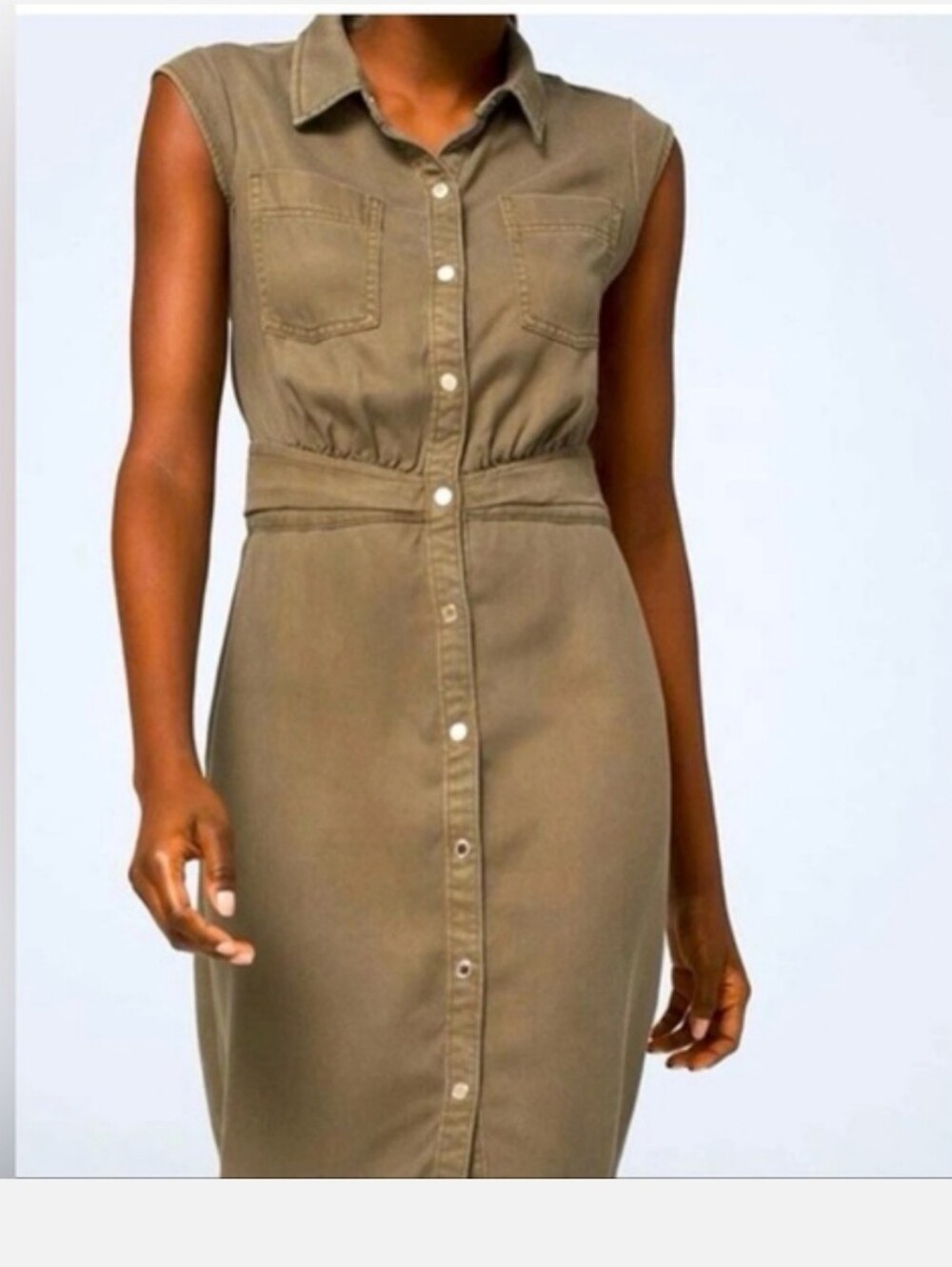 White House Black Market Sleeveless Olive Green Button-Front Shirt Dress Size 8